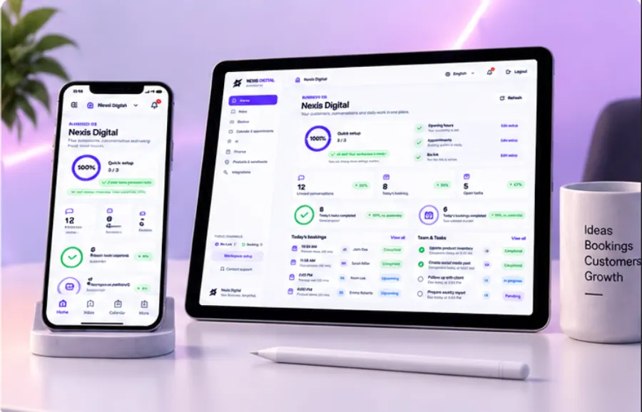 Illustration of the Nexis Business OS dashboard on a tablet and phone, using sample data